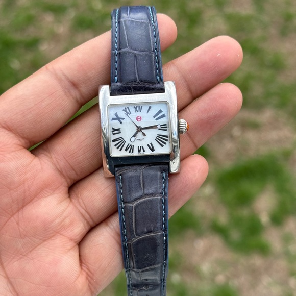 Michele Square Stainless Watch with White Dial and Black Leather Strap Womens main image 13